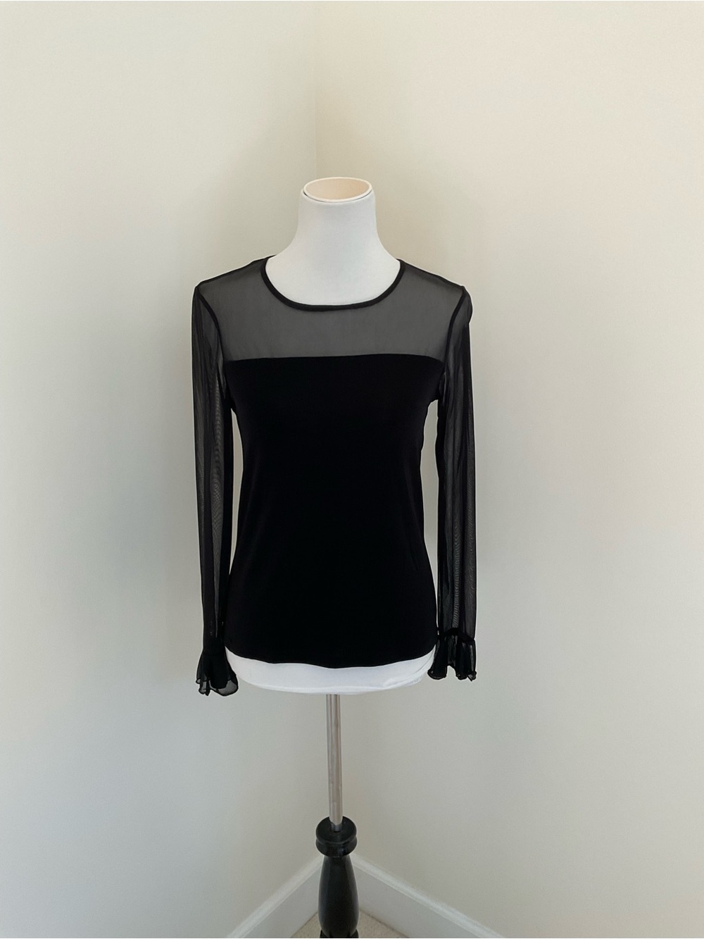 NWT Kathy Ireland Black Long-Sleeve Sheer Yoke Top - Women's